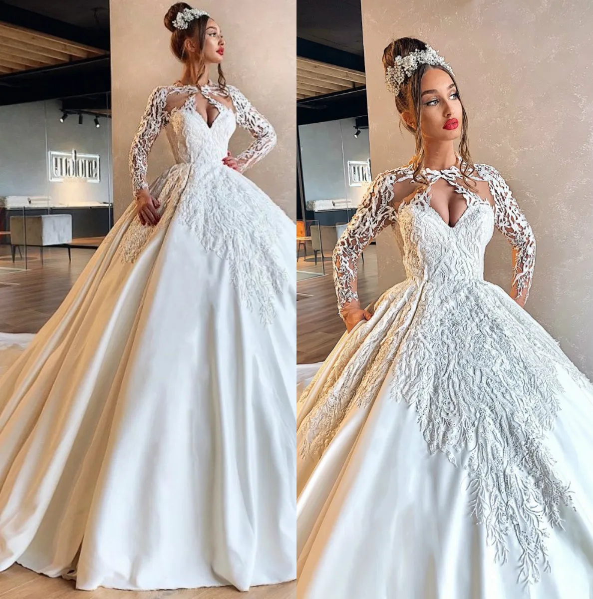 2020 Luxe Crystal Applique Baljurk Trouwjurken Prinsesjurk Sweetheart Hollow Sweep Trein Lange Lengte Kathedraal Trein Bruidsjurken