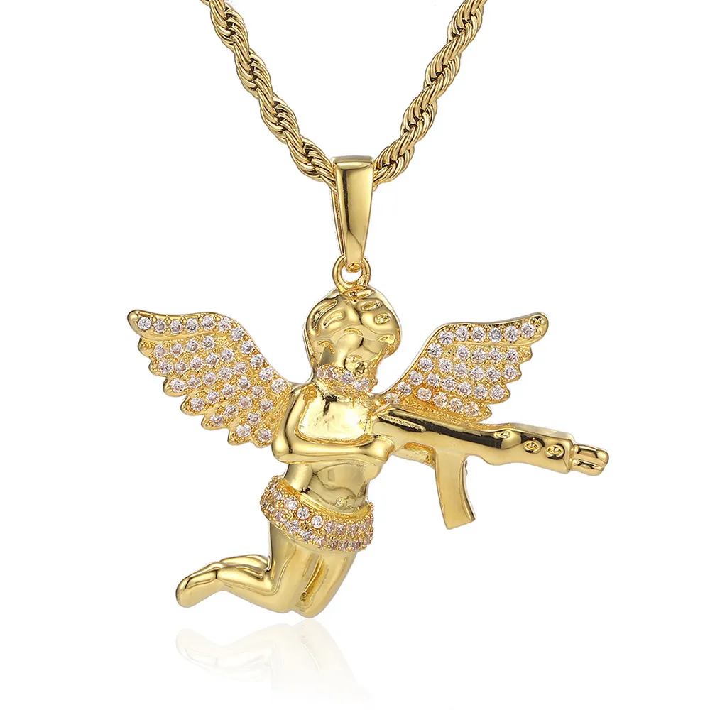 Colar com pingente de anjo de vingança hip hop joias cheias de zircônia branca cristal anjo alado com arma