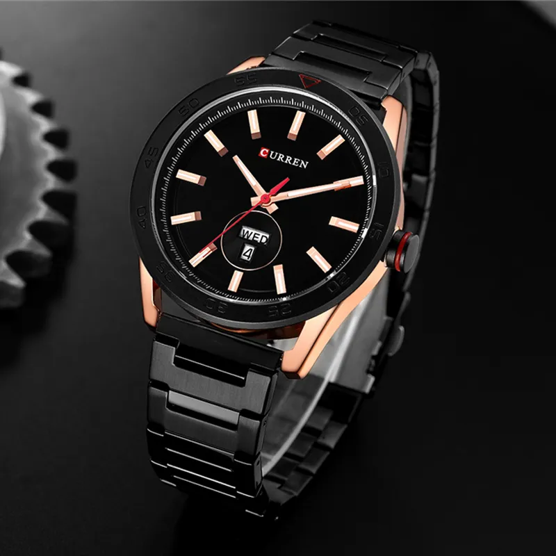 CURREN montres pour hommes de luxe en acier inoxydable bracelet montre Style décontracté montre-bracelet à Quartz avec calendrier noir horloge mâle Gift332e