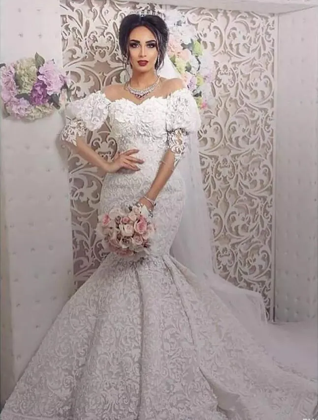 Saudi Arabic Mermaid Wedding Dresses 2018 Lace Appliqued Sheer Jewel Neck Sweep Train Boho Bridal Dress Half Long Sleeve Custom Made Gowns