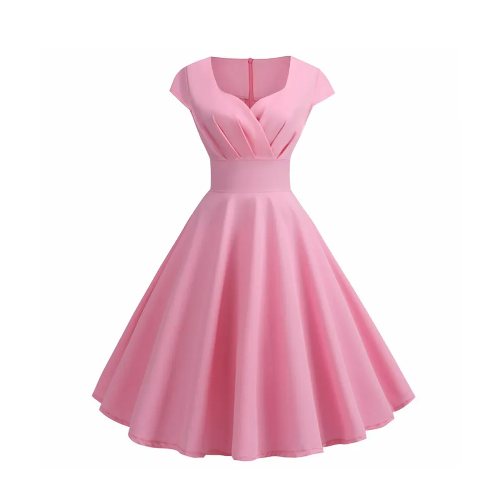 ピンクの夏のドレス女性Vネックビッグスイングヴィンテージドレスローブフェムメエレガントなレトロピンアップパーティーオフィスミディドレスプラスサイズ