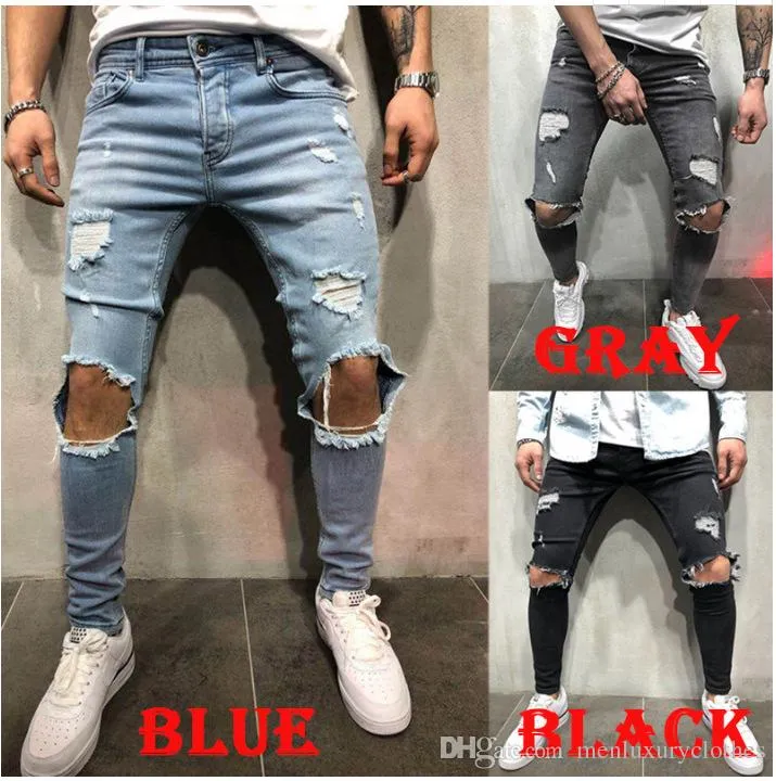 Designer GENOU TROUS Designer Hommes Jeans Long Pantalon Bleu Gris Noir Slim Fit Ripped Biker Jeans236J
