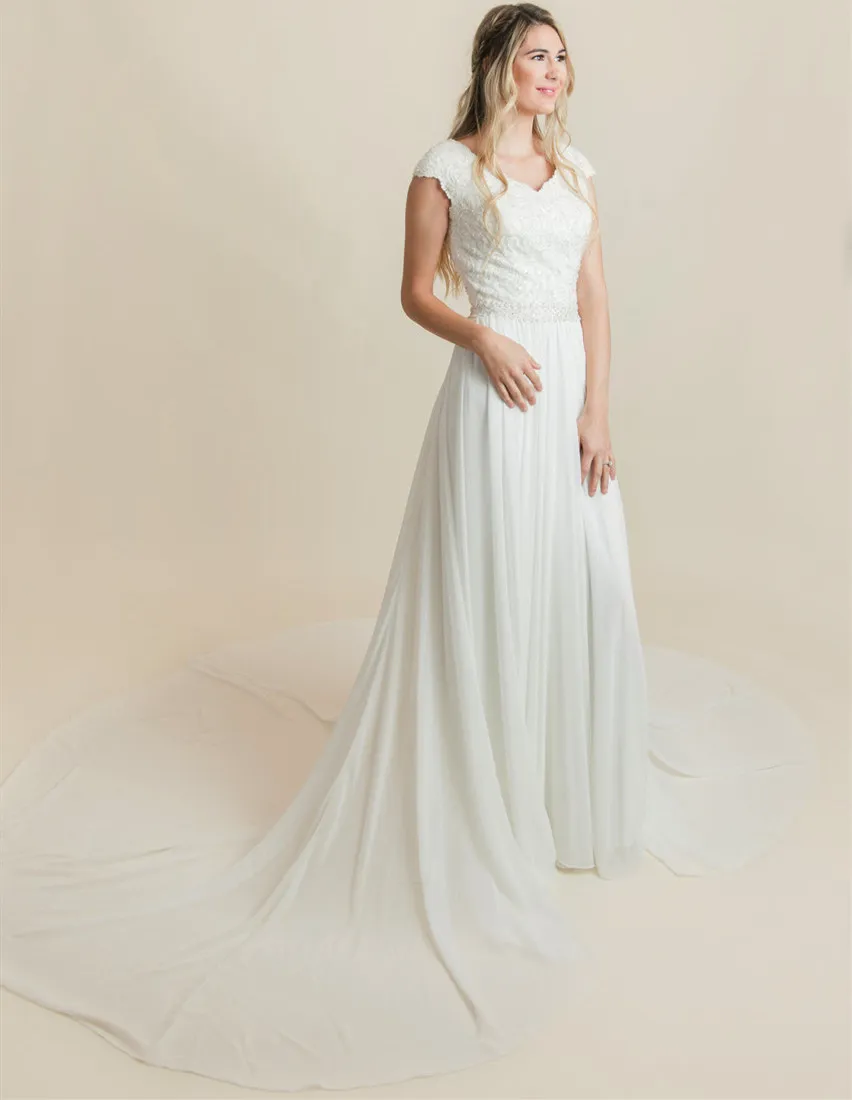 A-Line Beaded Lace Appliques Modest Bröllopsklänningar med Cap Sleeves V Neck Knappar Tillbaka Informal LDS Bridal Gowns Custom Made Bride Dress
