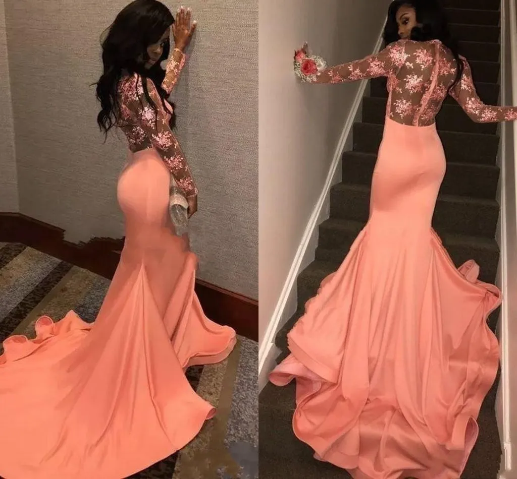 Licht Coral Mermaid Prom Dresses 2019 Sheer Lange Mouw Juweel Zie Hoewel Back Tiered Rok Avondjurken Vestido de Novia Party Formal