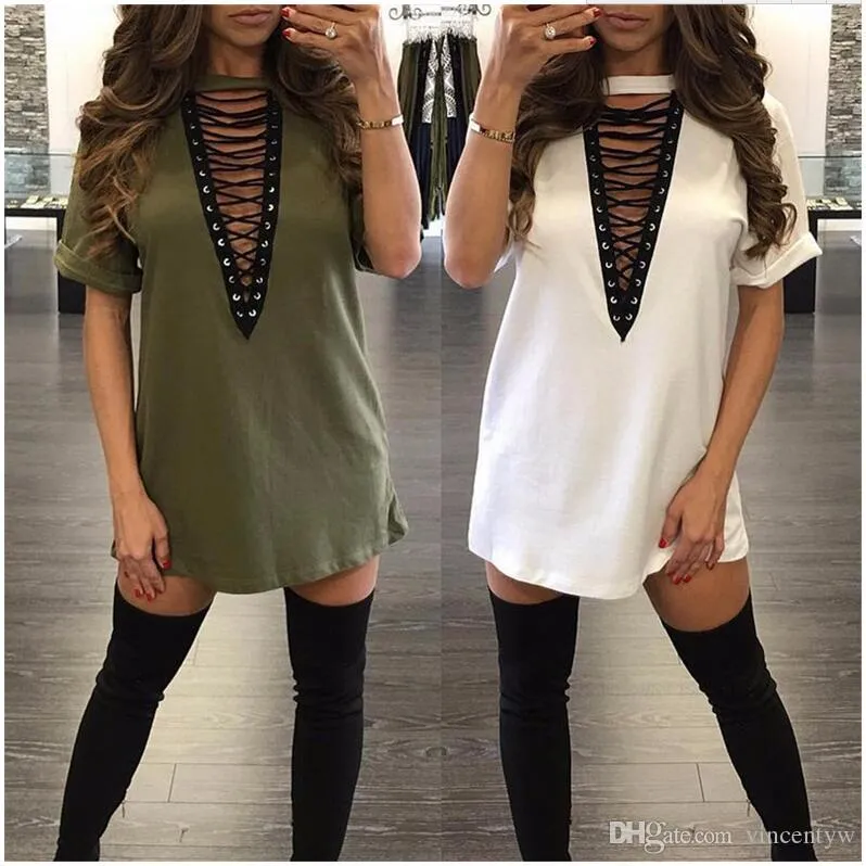 Summer Hot Dresses Woman Clothes Fashion sexy short Sleeve Casual Loose sexy V Neck T-Shirt Split Plus Size Hollow Out Dress party club