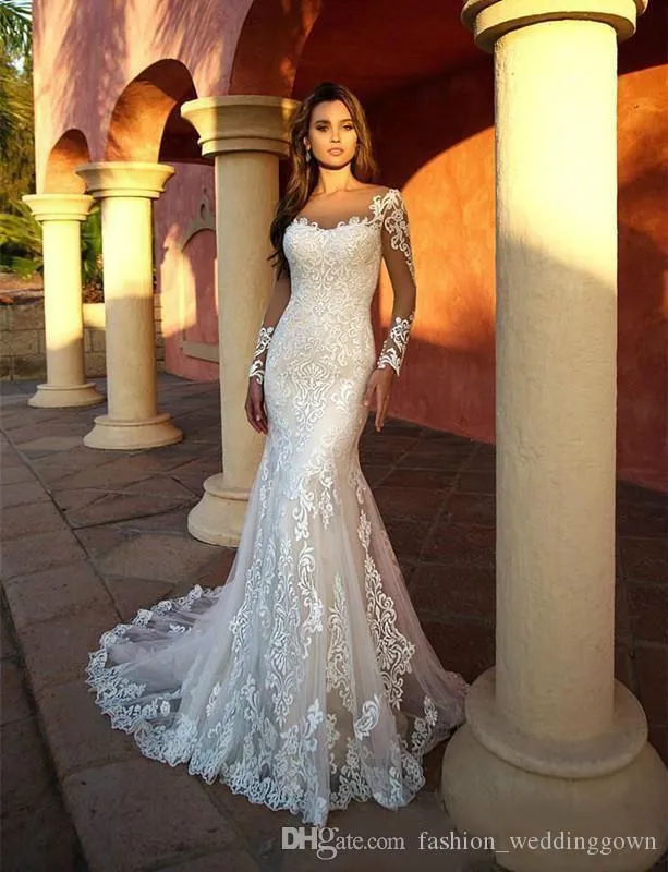 Vintage Mermaid Bohemian Wedding Dress With Sheer Neckline Long