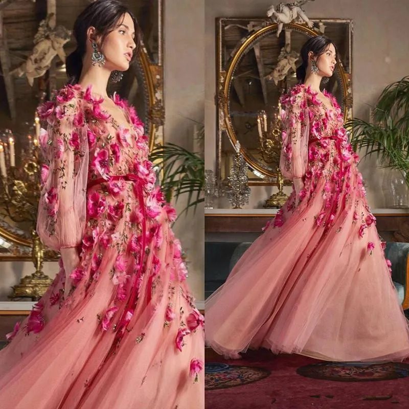 Sukienki na studniówkę z 3D z kwiatami 3D długie rękawy v dekolt niestandardowe suknie wieczorowe