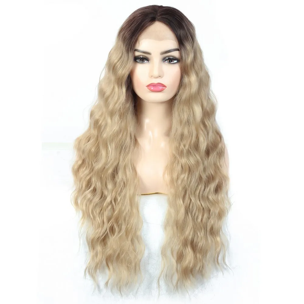 Ombre Raízes Escuras Loira Perucas dianteiras de Laço para Mulheres 13 * 4 Sintético Longo Ondulado Meio Ondulado Natural Olhando cabelo