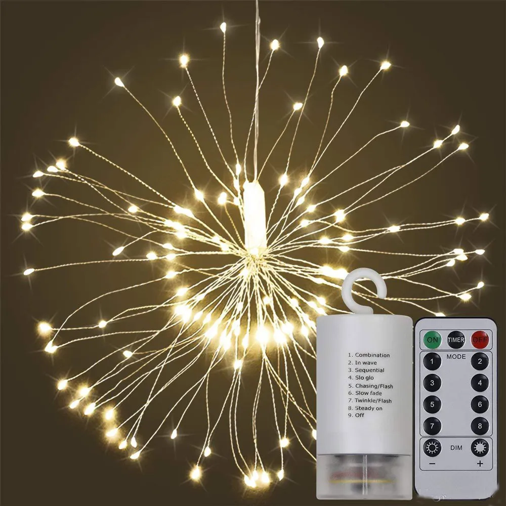 Leds Firework String Lights Fairy Lights 8 lägen koppar silver lampa fjärrkontroll sträng ljus fest festival dekoration