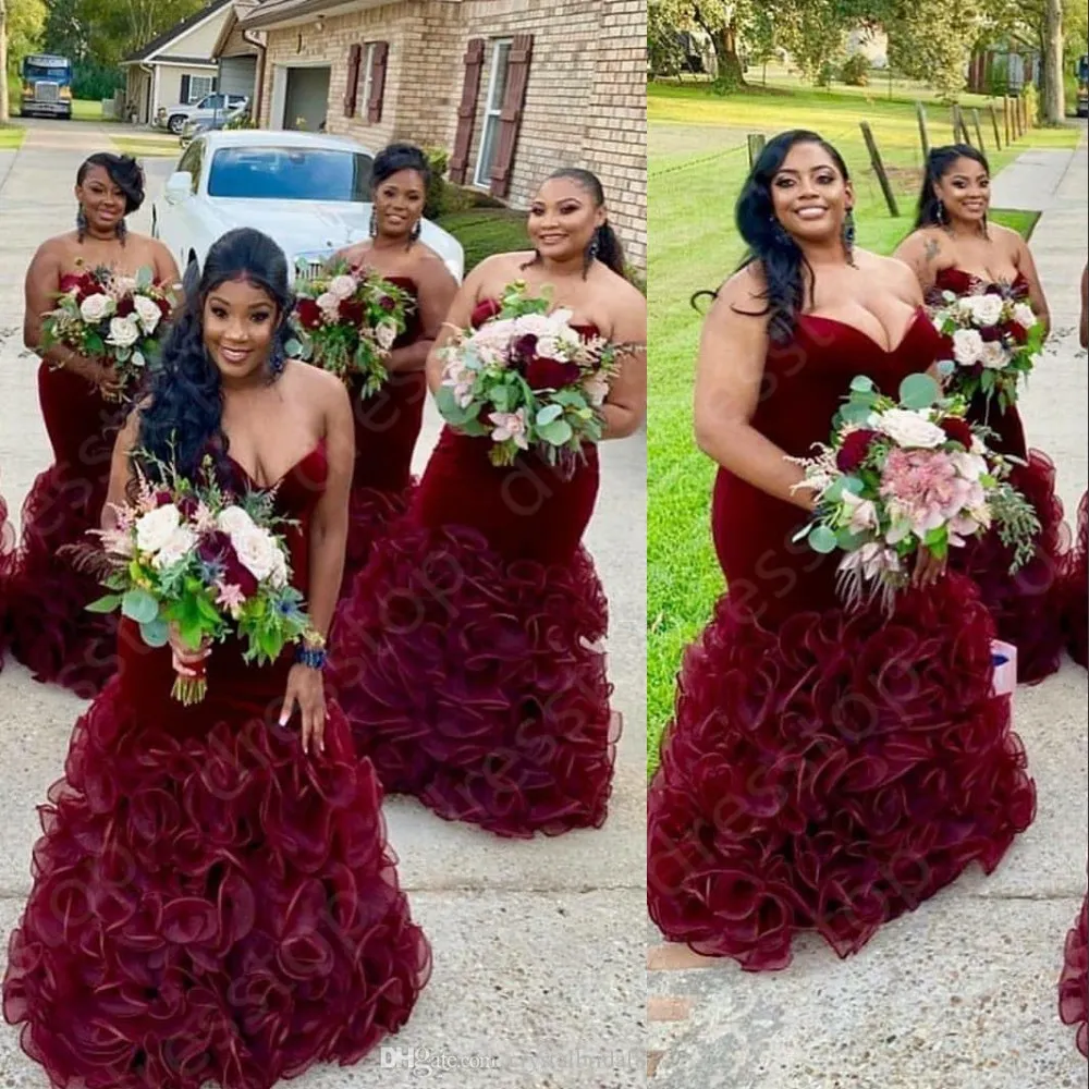 2023 Bridesmaid Dresses Sexy Burgundy Velvet Sweetheart Mermaid Tiered Ruffles Organza Floor Length Party Wedding Guest Dress Maid3165