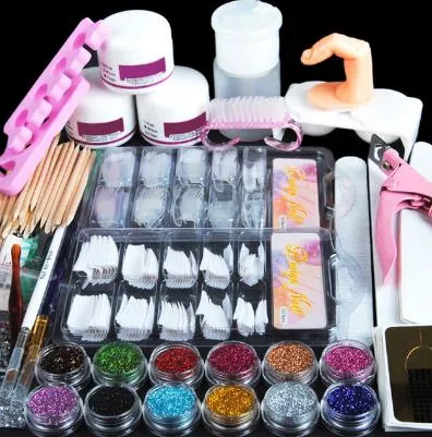 Hot Sale Acrylic Nail Art Manicure Kit 12 Färg Nail Glitter Pulver Dekoration Akryl Pennborste Falsk Finger Pump Nail Art Tools Kit Set