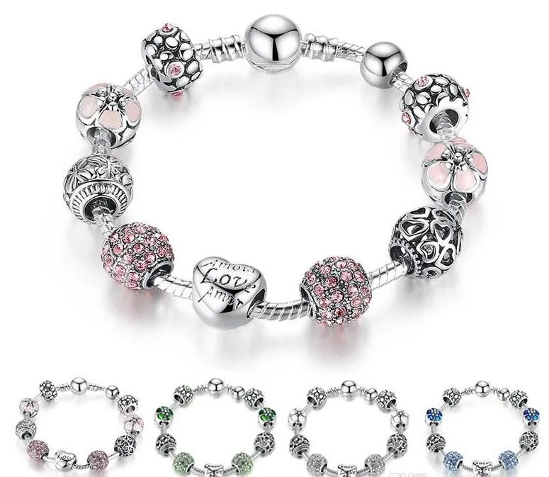 Heiße feine tibetische Silberperlen Armband Pandora Charms Glasperlen DIY Perlenstränge Armband Rosa Weiß Blau Grün 4 Farben Optional GB1610