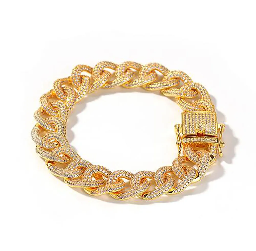 Mens 14k Gelado Gelado 18k 12mm Cuban Link Bracelet com fecho fechado Cubic Zircon Braceletes Hip Hop Jóias 44G