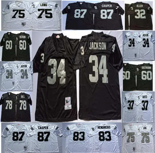 빈티지 NCAA 오클랜드 축구 34 Bo Jackson 75 Howie Long 32 Marcus Allen Jerseys 25 Fred Biletnikoff Lester Hayes Casper 저지 블랙 화이트