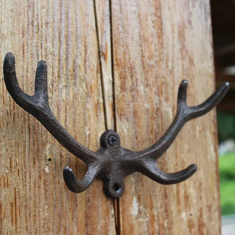 5 Pieces Nature Wall Hook Deer Antlers Cast Iron Bracket Hanger Home Garden Decorations Key Coat Holder Wall Mount Rustic Brown Vi3124