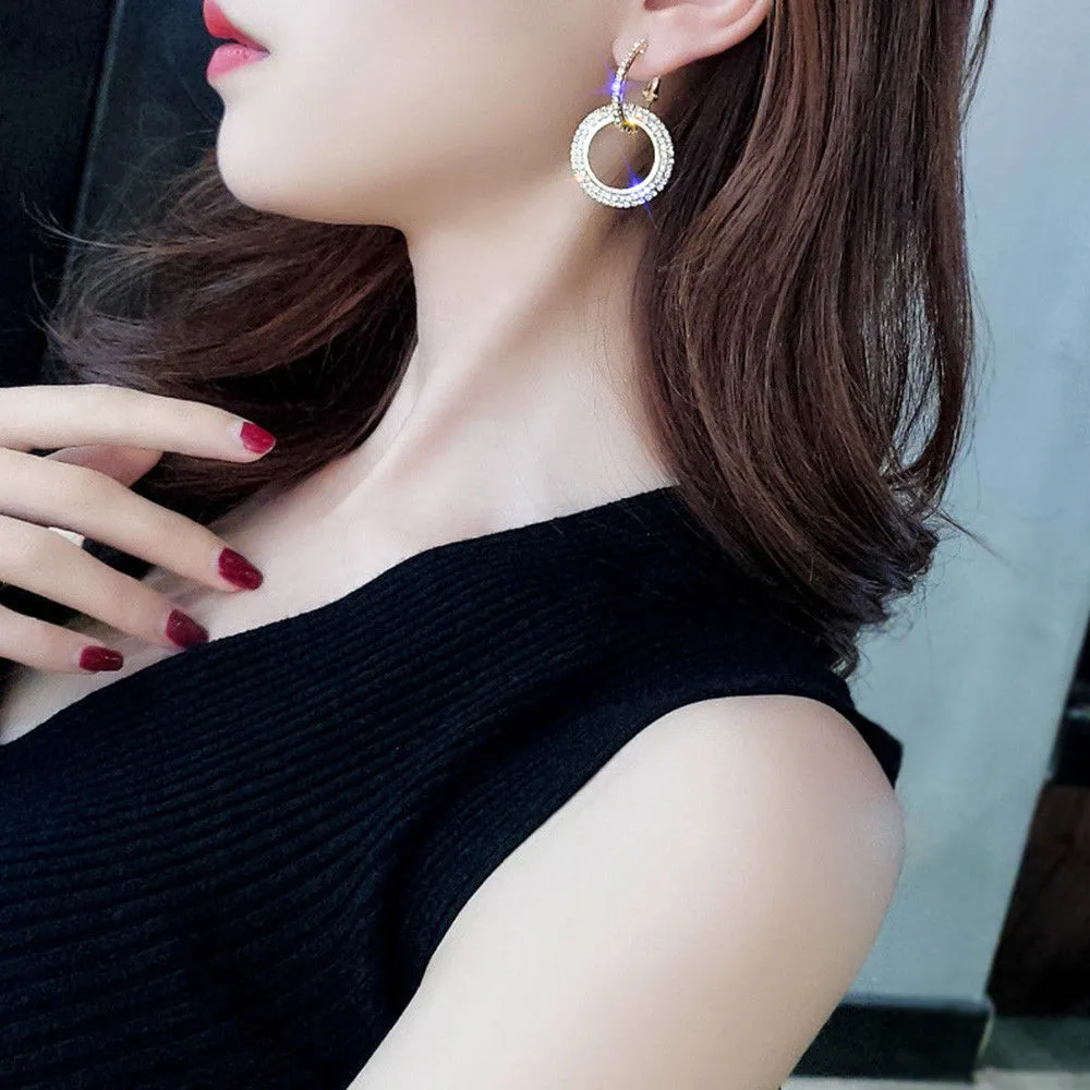 Wholesale- Luxury Korean Style Big Round Earrings Women Crystal Gold Silver Color Rhinestone Geometric Hoop Earrings Jewelry Gift