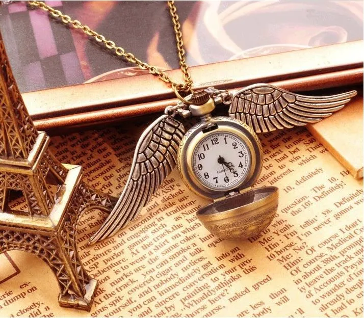 Harry Golden Snitch Pocket Horloge Antieke Brons Wing Bal Hanger Ketting Kettingen Mode-sieraden Fans Gift Drop Ship