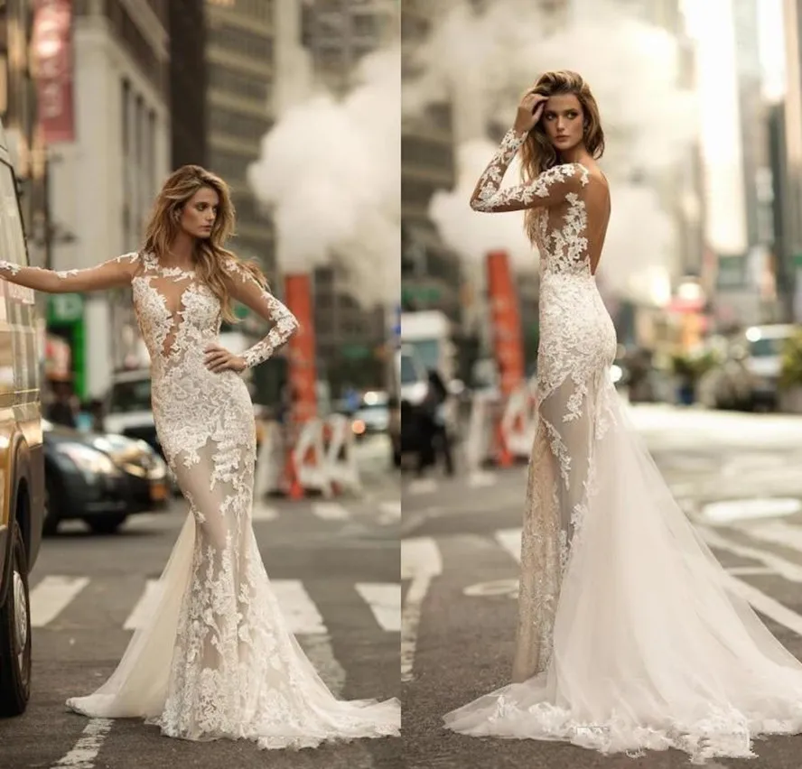 2024 Maniche lunghe Berta Splendidi abiti da sposa a sirena Abito da sposa sexy trasparente con applicazioni in pizzo pieno Abiti da sposa senza schienale 96