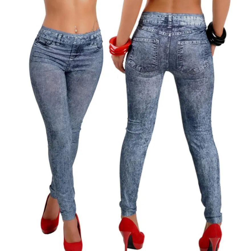 Womens Soft Tights Leggings femme jeans Denim Snowflake Skinny Stretch Sexy Pants