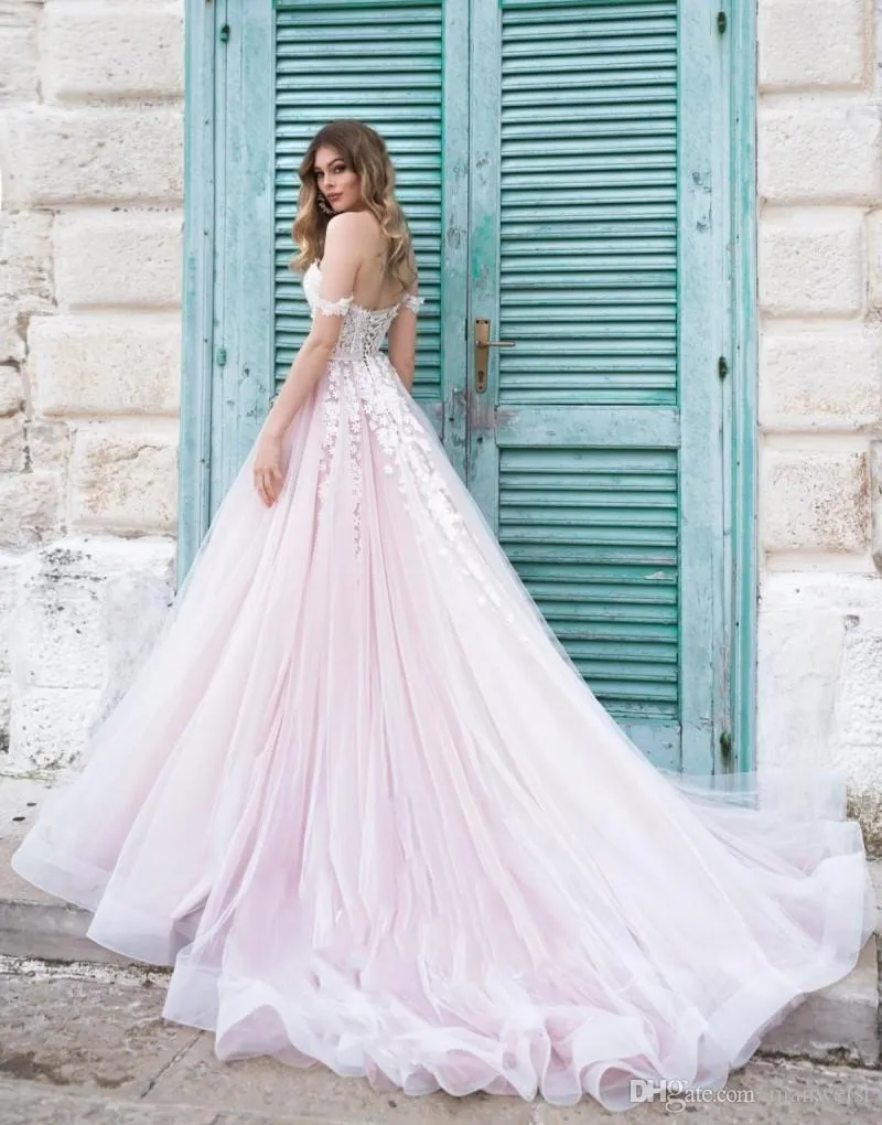 Blush pink beach wedding dress lace applique off-shoulder tulle gown with  lace-up back sweep train from Dhgate A-Line Wedding Dresses - price 121.02