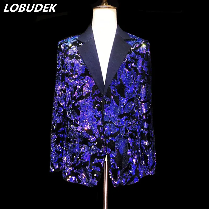 Hombres Azul Púrpura Lentejuelas Traje Blazers Brillo Paillette Blazers Abrigo Discoteca Ropa Cantante Vocal Concierto DS Escenario Traje Anfitrión Tuxedo