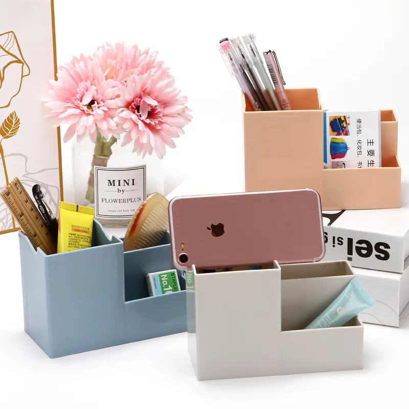 Plastic pencil pen holder Mobile phone holder storage Desk storage box School supplies Makeup Tools Office Utensil Storage