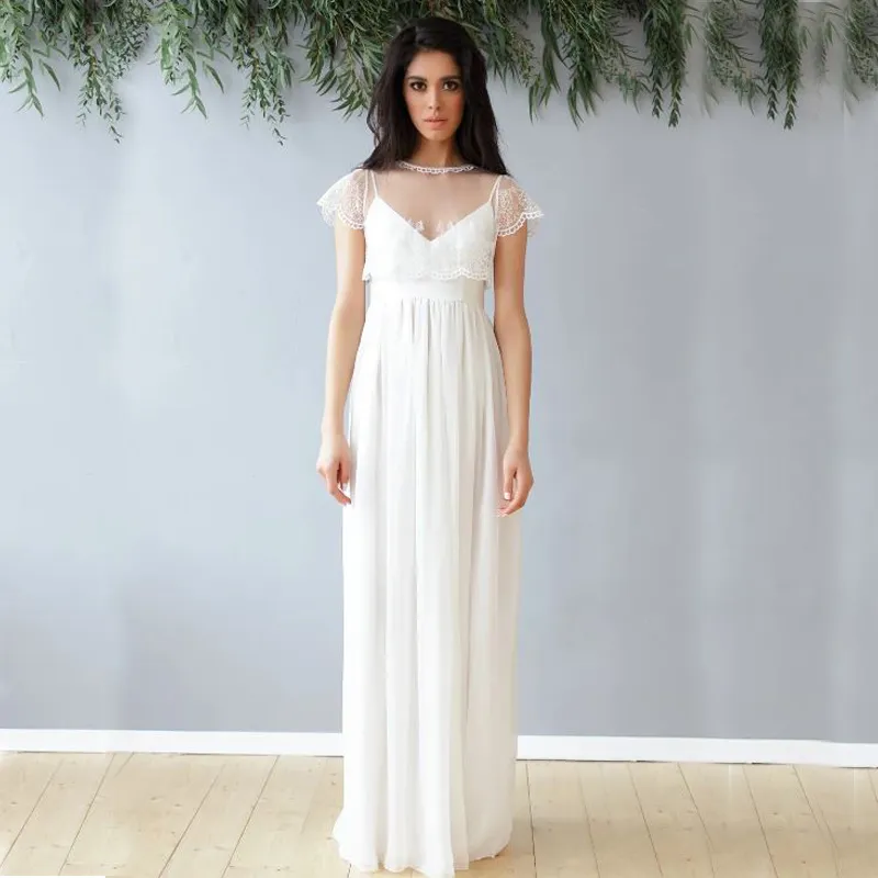 2020 Boho Wedding Dress Sheath Column Spaghetti Straps Chiffon Beach Bridal Gown with Short Sleeves Jacket