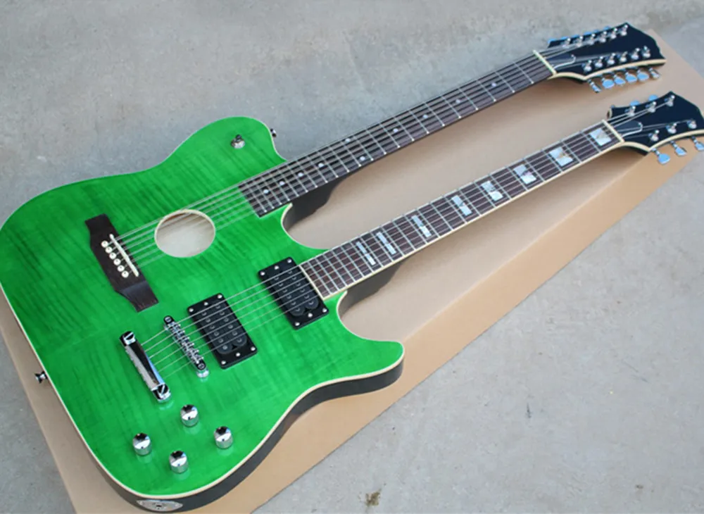 Free shipping green 6+6 strings double neck electric guitar with semi-hollow body,Rosewood fretboard,flame maple veneer