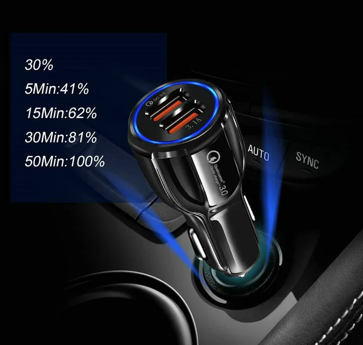 QC 3.0 المزدوج USB ميناء شاحن سيارة عالية السرعة شحن سيارة سريعة شحن سيارة 3.1A محول آيفون 11 12 × XR Samsung S20 S10 HTC Android الهاتف
