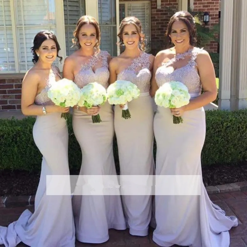 2019 Cheap Bridesmaid Dresses Mermaid One shoulder Satin Appliques Lace Long Wedding Party Dresses maid of honor gowns sweep train