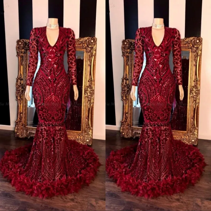 Red Mermaid Prom Dresses Deep V Neck Long Sleeve Ruffles Lace Beads Evening Gowns Vestido De Fiesta Formal Pageant Dress
