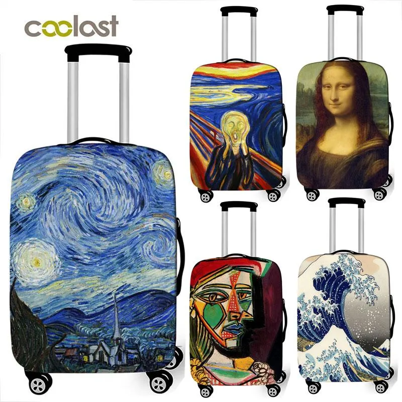 Arte Pintura al óleo Nuevo Poliéster Mujeres Hombres Equipaje Bolsa protectora Dibujos animados Escuela Cubierta Elástica Maleta Cubierta Anti -Dust Trolley Case Cover