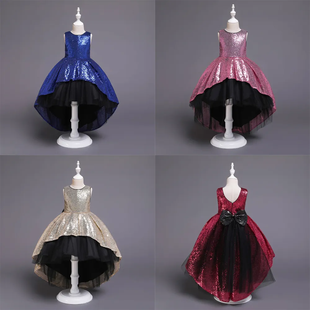 2019 Gold Sequins High Low Designer Kids' Dresses Formal Flower Girl Dress Jewel Sleeveless Big Bow Sash Black Tulle Pageant 245p