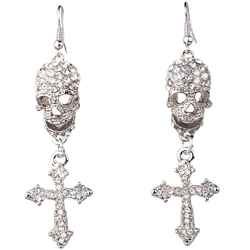 Mulheres Moda Jóias Estilo Cruz Crânio Brincos Handmade Rhinestone Gota de cristal Dangle brincos Longos para as mulheres meninas