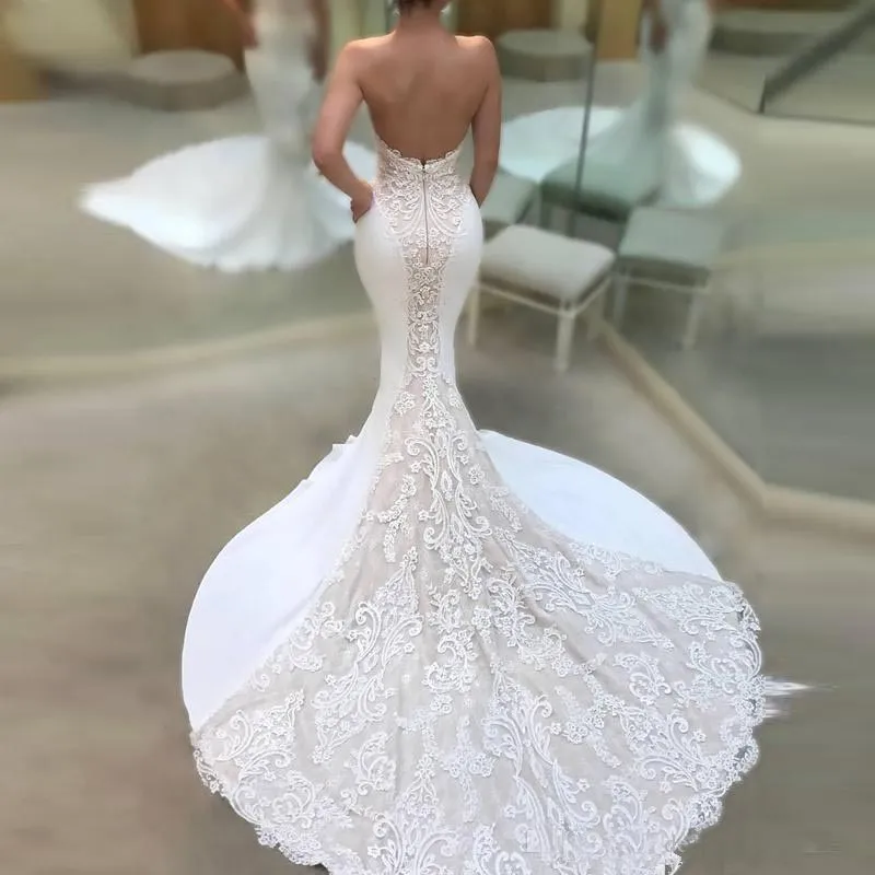 chinese dress ladies Spaghetti Straps White Satin Mermaid Wedding Dress With Lace Train EWR   SELINADRESS