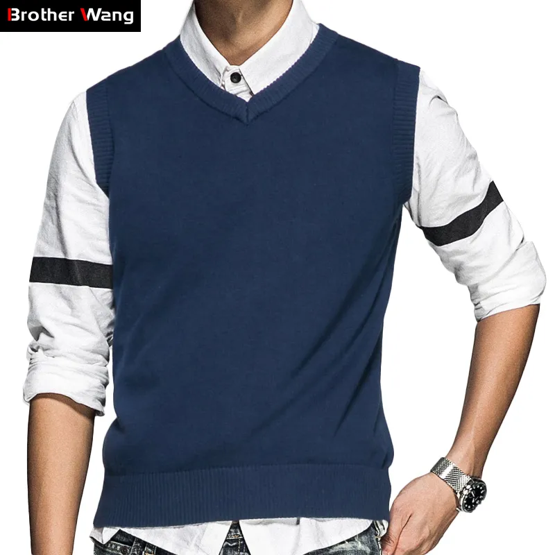 2019 Nya Mens stickade västar V-Neck Sweater Fashion Casual Business 100% Bomull Ärmlös Tröja Varumärke Kläder