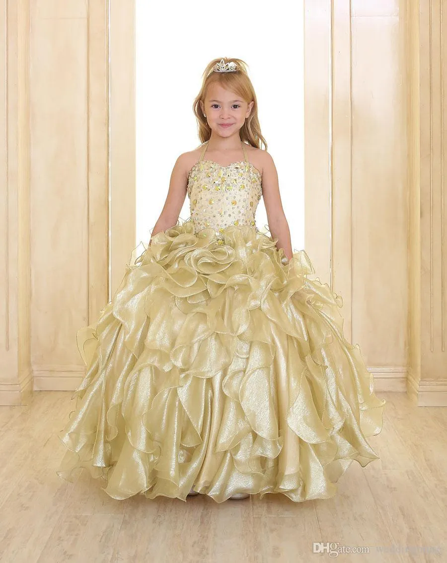 2020 Sparkling Girls Pageant Robes Or Princesse Spaghetti Strap Perles De Cristal Volants Organza Robe De Bal Fleur Filles Robes Wi242p