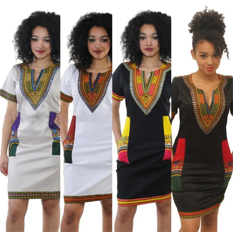 Ny mode afrikanskt tryck toppskjorta för afrikanska kvinnor afrikanska dashiki långärmad v nacke bodycon klänning bra strecky 4 stil