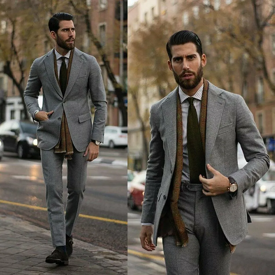 Gray Tweed Mens Wedding Suits Slim Fit Two Button Peaked Lapel Groom Wear Tuxedos Formal Work Prom Business Blazer Jacket Pants
