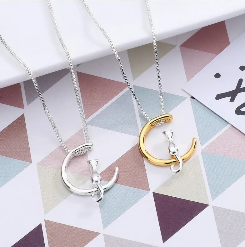 Nieuwe schattige kat maan vorm hanger ketting voor vrouwen goud zilver dier zilveren doos kettingen mode-sieraden cadeau