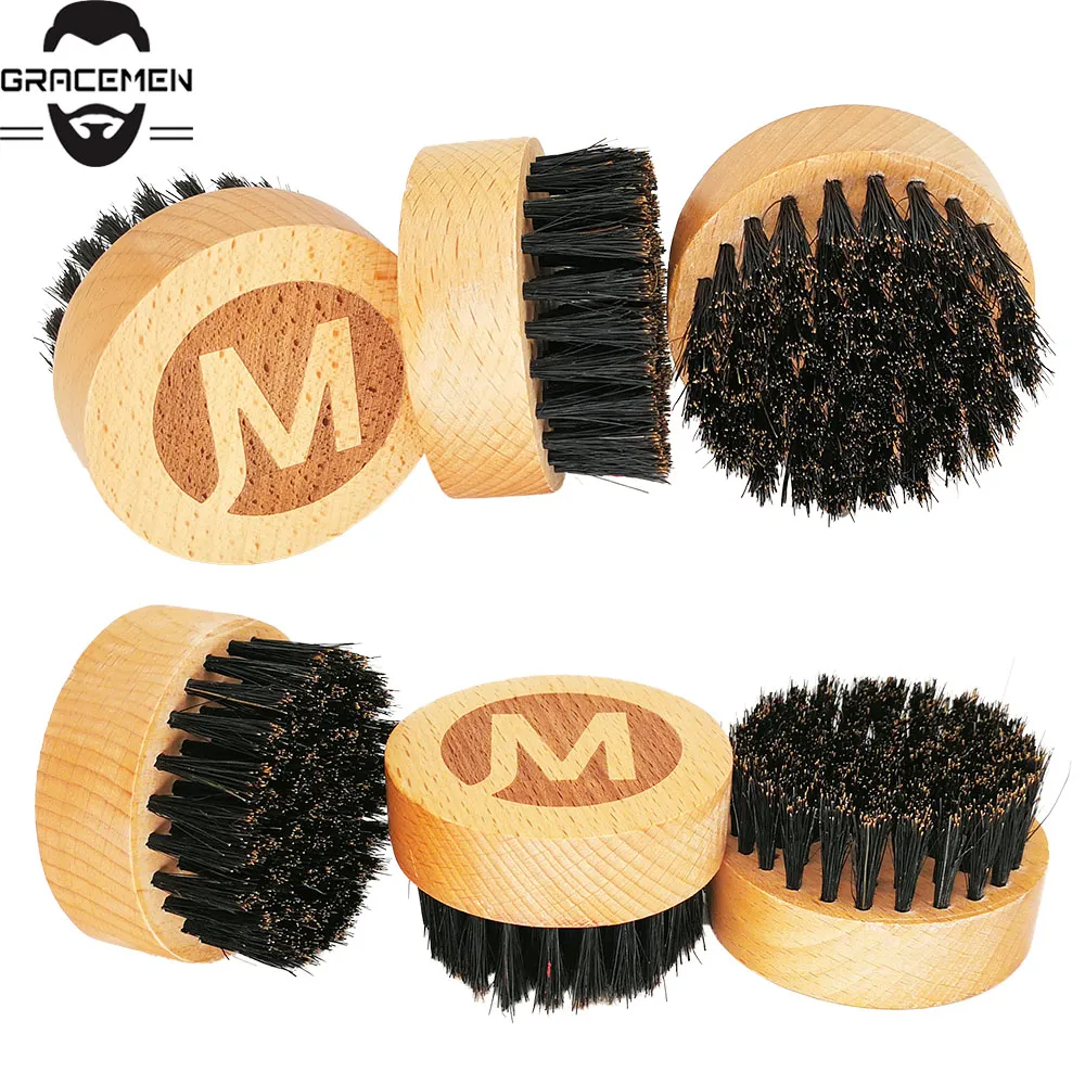 MOQ 100 pcs OEM Custom LOGO Round Wooden Beard Brush Boar Bristle Hair Brushes Men Facial Grooming Kit