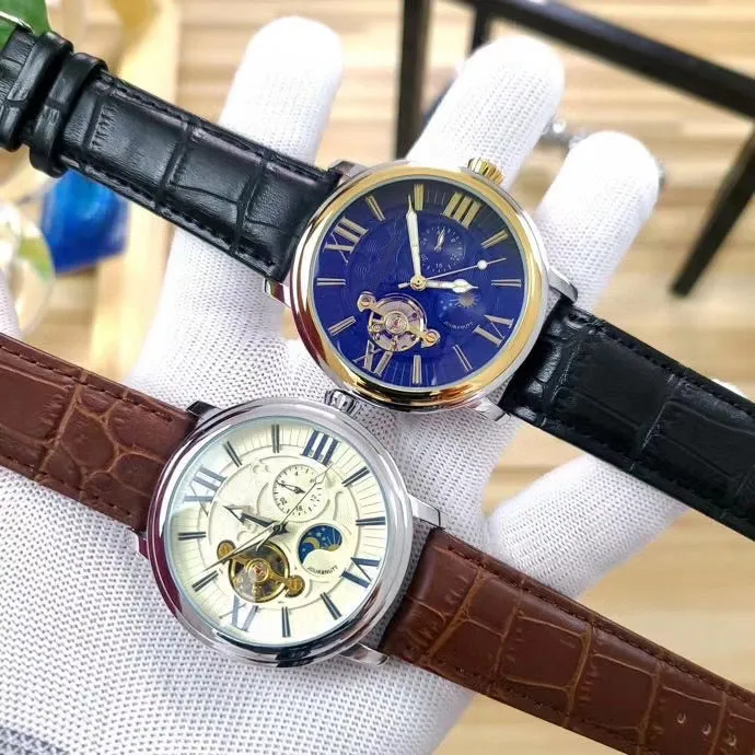 mens di alta qualità orologi moda movimento meccanico automatico orologi da polso in pelle di luna fase cinturino cinturino in acciaio inossidabile per il regalo degli uomini