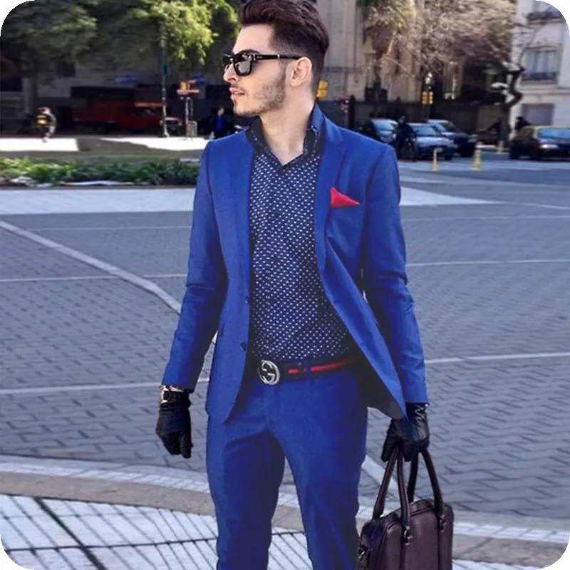Özel Kraliyet Mavi Blazer Erkek Takım Elbise Slim Fit İş Takım Elbise Özel Smokin Sağdıç Düğün Takımları 2 Parça Terno Masculino (Ceket + Pantolon)