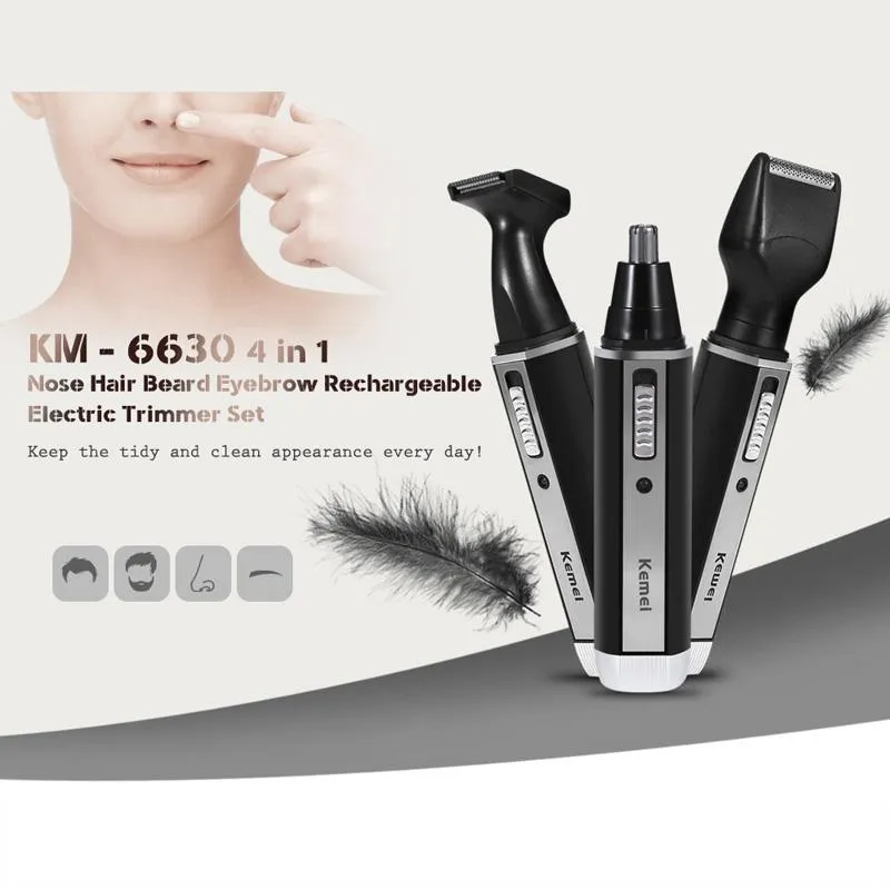 KEMEI KM - 6630 4 في 1 الأنف الأنف شعر اللحية الحاجب قابلة للشحن المتقلب الكهربائية الكهربائية المتقلب الأذن آلة الحلاقة الشعر Cliper بالجملة 50pcs