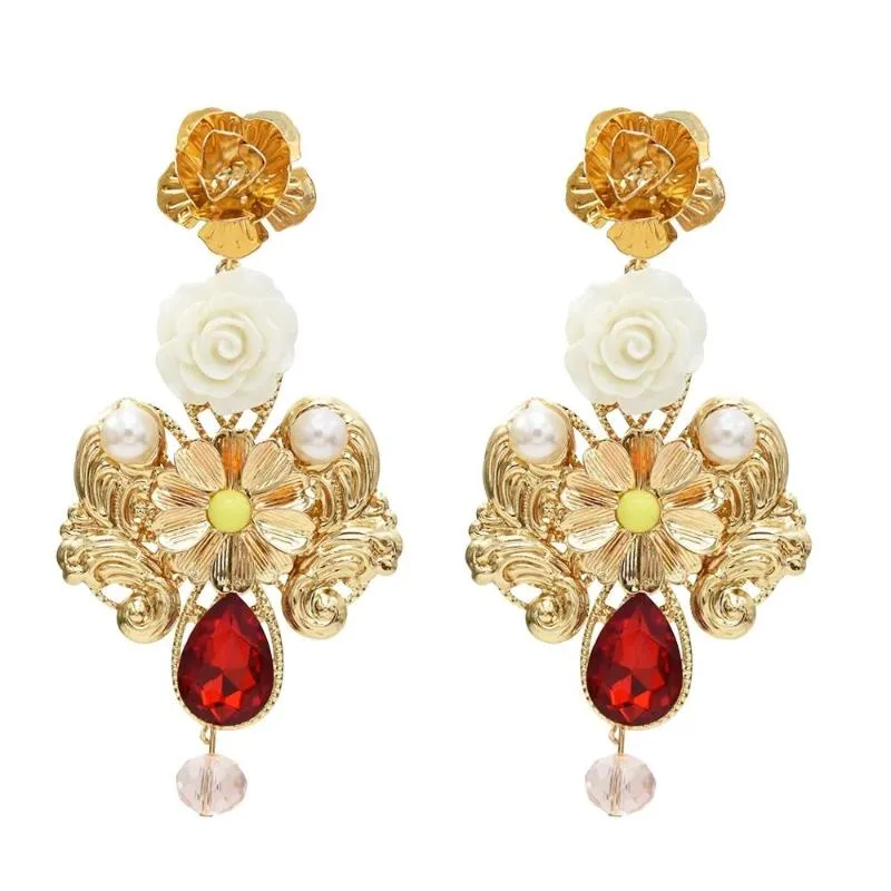 Orecchini pendenti a goccia con fiore in metallo dorato alla moda per le donne, stile barocco, perla, rosso, blu, cristallo, orecchino, regalo per la festa nuziale