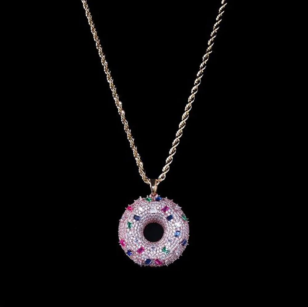 14K GOUD GOLDE HIP HOP kleurrijk voedsel hanger donuts donut hanger ketting ketting micro pave kubieke zirkonia diamanten met 24inch touwketen