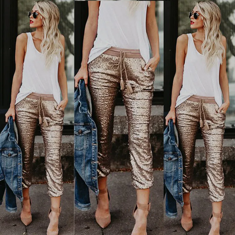 Capris zupełnie nowa 2019 Kobiety Women talia chuda kostki regularne spodnie cekiny glitter legginsy joggings spodnie klubowe