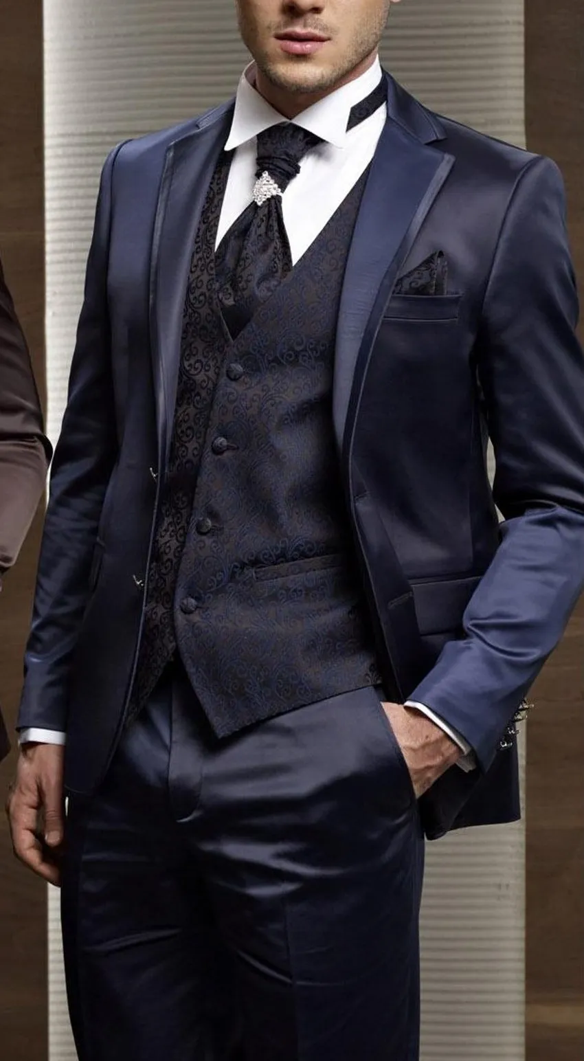 Moda Lacivert Damat Smokin Çentik Yaka Groomsmen Erkek Gelinlik Adam Ceket Blazer Balo Yemeği 3 Parça Suit (Ceket + Pantolon + Yelek + Kravat) 81