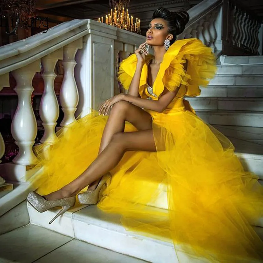 Bright Yellow High Low Prom Dresses Deep V Neck Satin And Tulle Evening Gowns Zipper Back Sexy Party Dress
