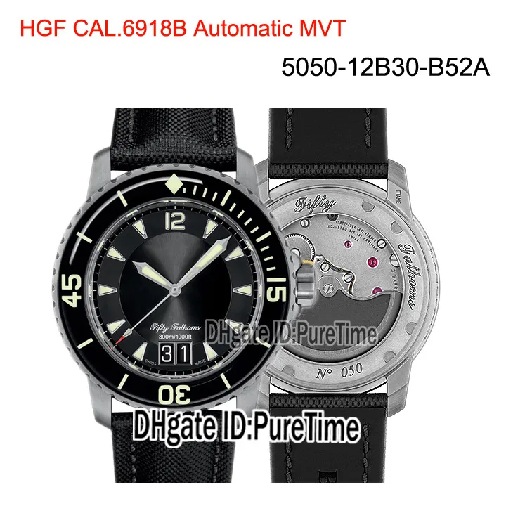 New HGF Fifty Fathoms Grande Date 5050-12B30-B52A Black Titanium Cal.6918B Automatic Mens Watch Black Dial Sail-canvas Strap Puretime BP01a1